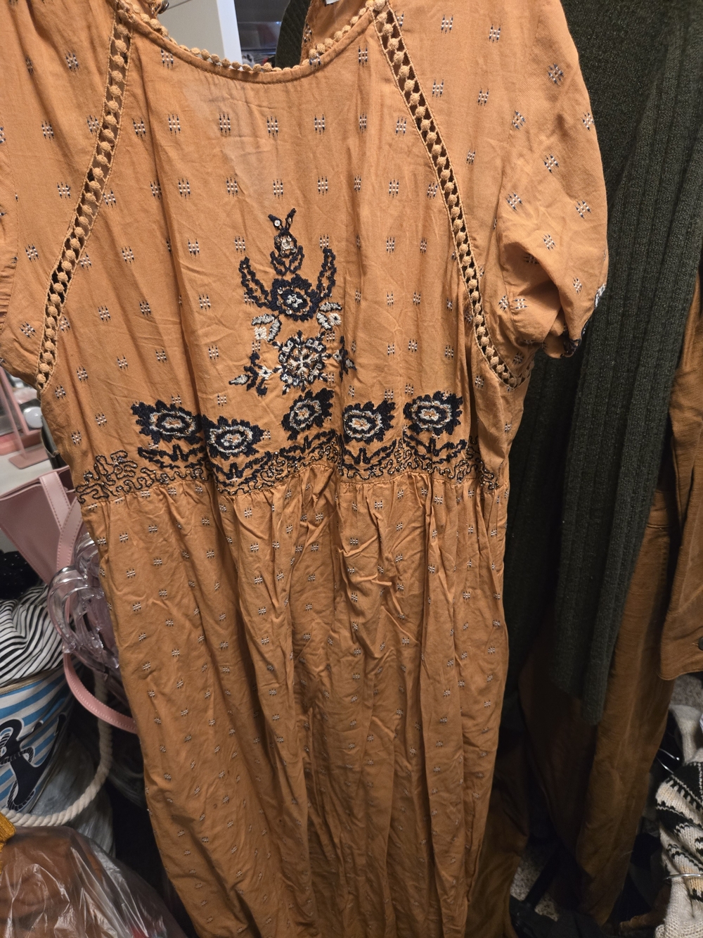 Zara Rust Orange Embroidered Maxi Dress with Navy Accents